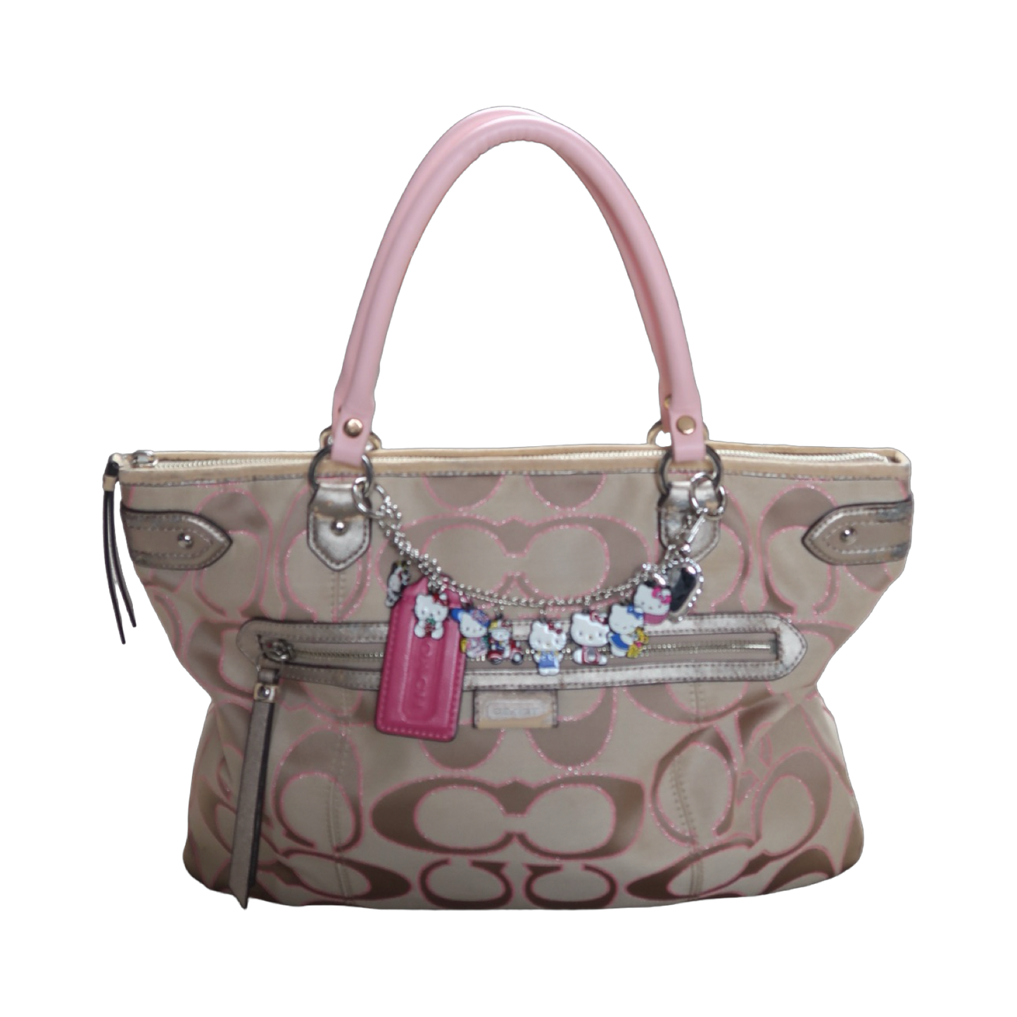 Handbag with decorative charms on a white background