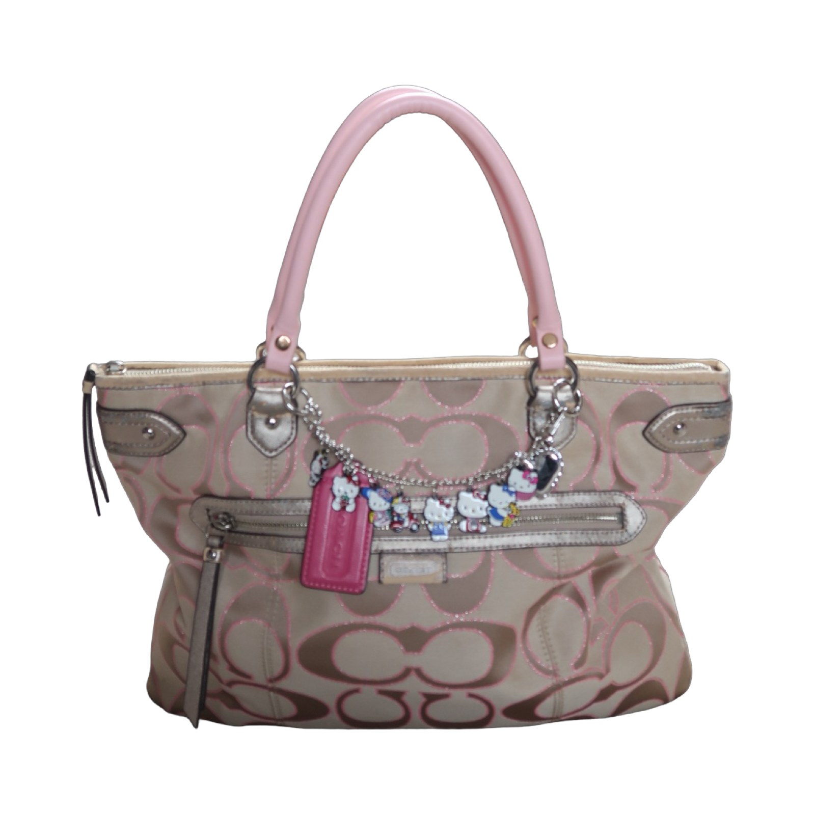 Handbag with decorative charms on a white background