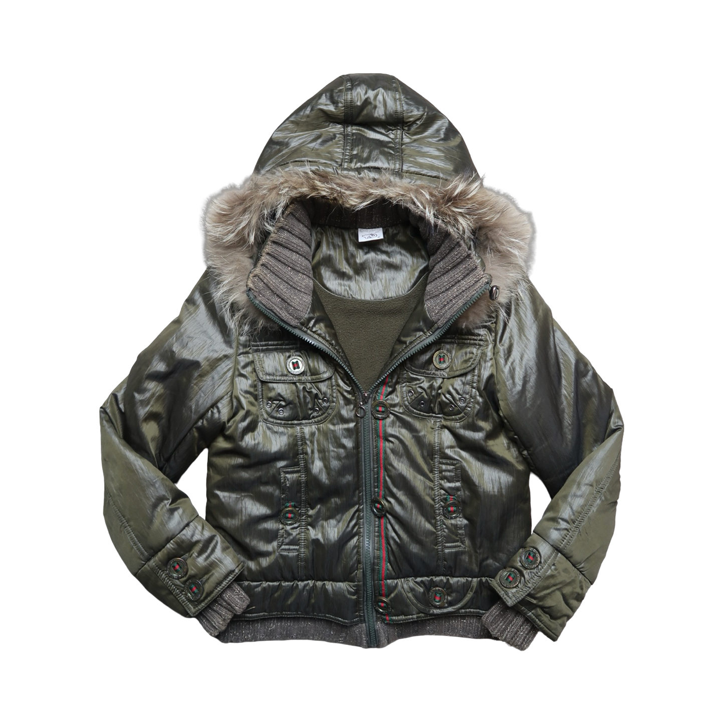 Green winter jacket with fur-lined hood on a white background