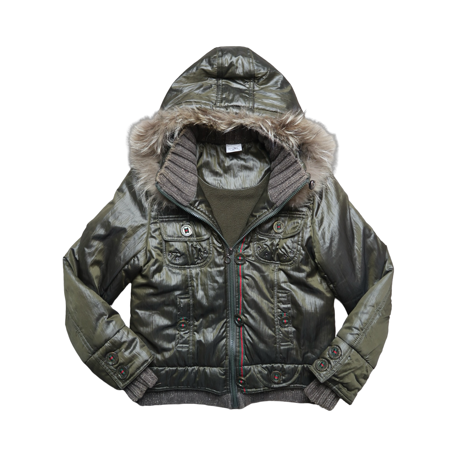 Green winter jacket with fur-lined hood on a white background
