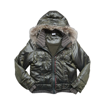 Green winter jacket with fur-lined hood on a white background