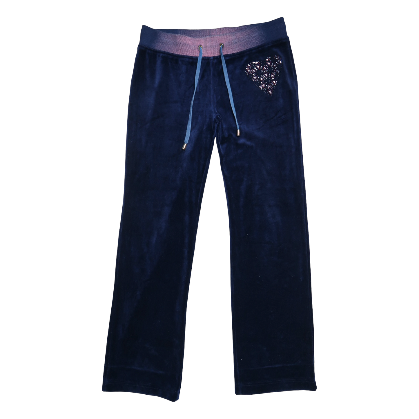 Navy blue velour pants with a floral embroidery on a white background