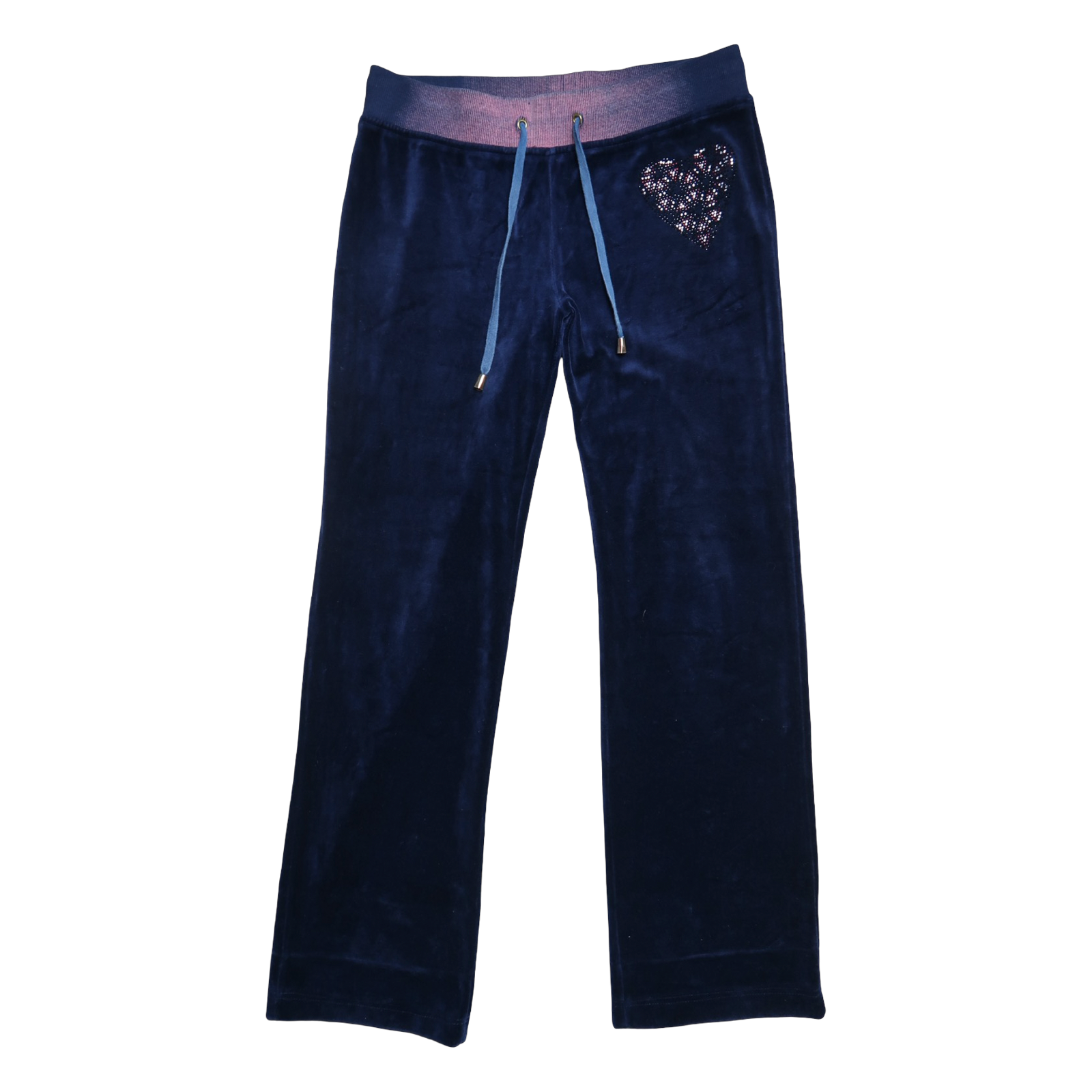 Navy blue velour pants with a floral embroidery on a white background