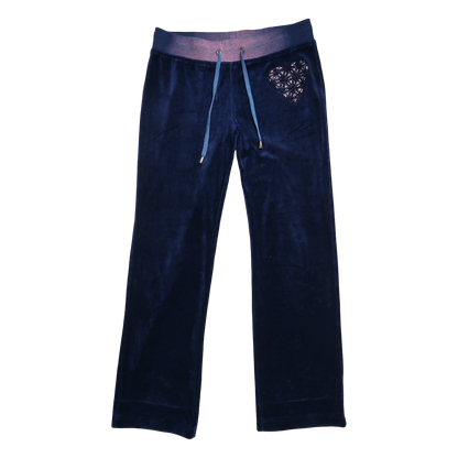 Navy blue velour pants with a floral embroidery on a white background