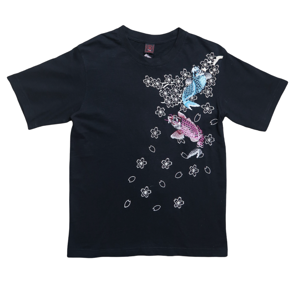 Black t-shirt with colorful graphic design on a white background