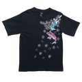 Black t-shirt with colorful graphic design on a white background