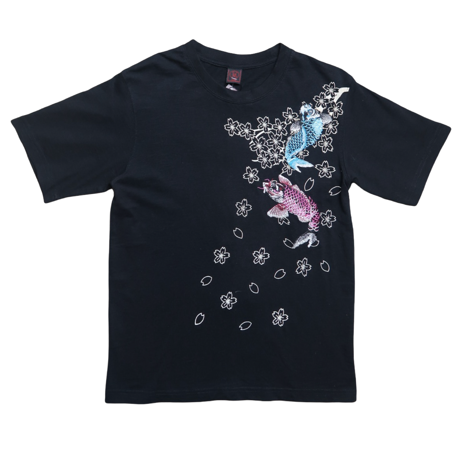 Black t-shirt with colorful graphic design on a white background