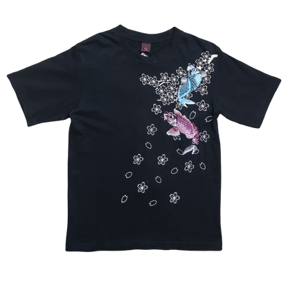 Black t-shirt with colorful graphic design on a white background