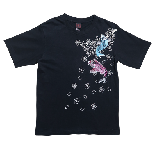 Black t-shirt with colorful graphic design on a white background