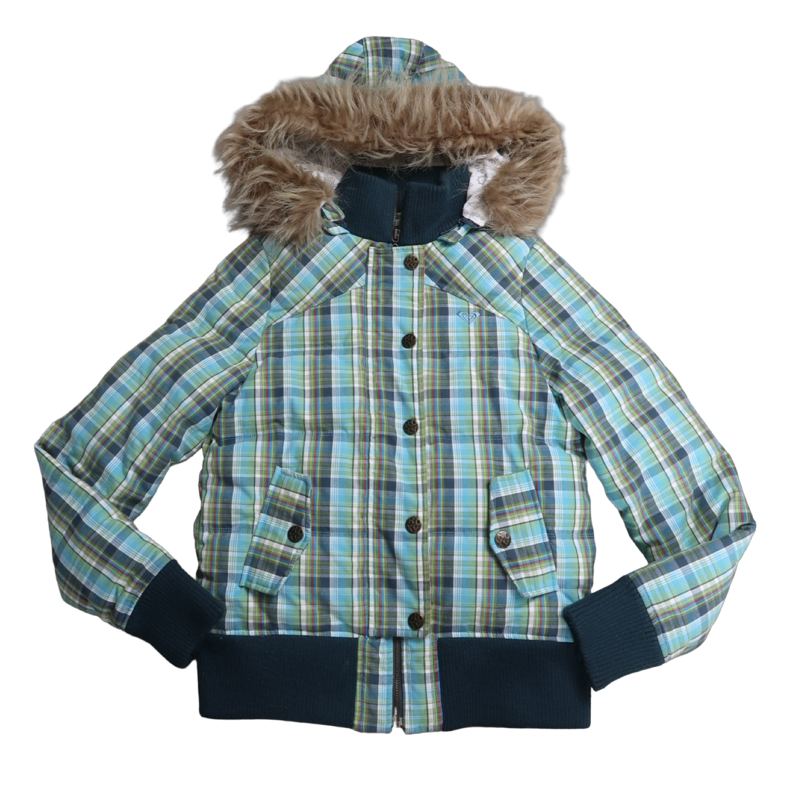 Plaid jacket with fur-lined hood on a white background