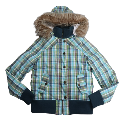 Plaid jacket with fur-lined hood on a white background