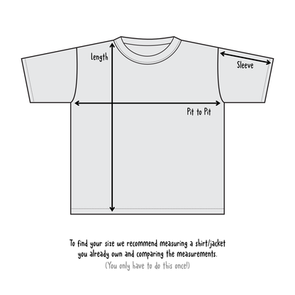 Diagram of a t-shirt with measurement lines and labels on a white background